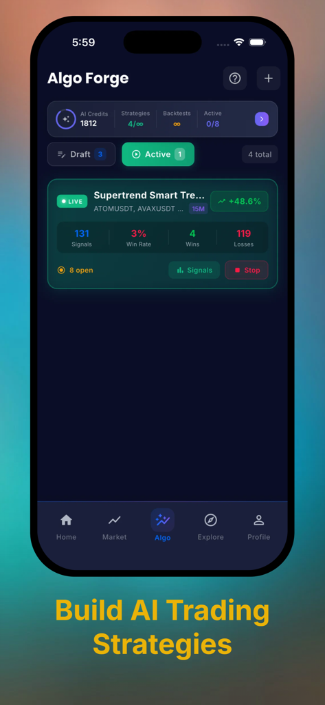 Sindex AI: Crypto Signal Alert - Interface de l'application mobile Sindex AI montrant la section Algo Forge pour la construction de stratégies de trading crypto automatisées