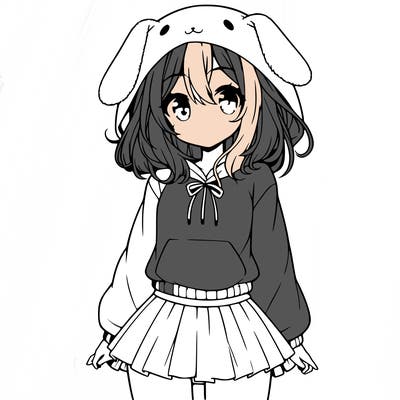 pretty anime girl wearing a fluffy hoodie with bunny ears on the hood and a skirt