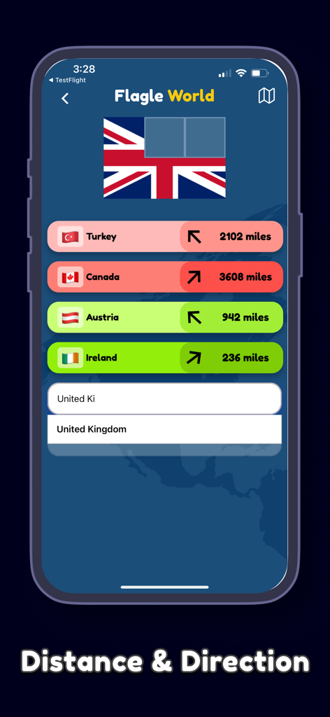 Earthle Global Geography Games - Earthle mobile app gameplay showing Flagle World mode with country guesses and distance indicators