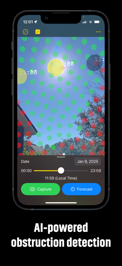 Sunscape AR - Schermata dello smartphone che mostra l'app Sunscape AR con rilevamento ostacoli potenziato dall'IA tramite punti verdi e rossi sugli alberi