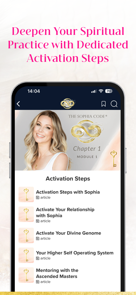 The Sophia Code - The Sophia Code app screen showing a curriculum of spiritual activation steps and articles.