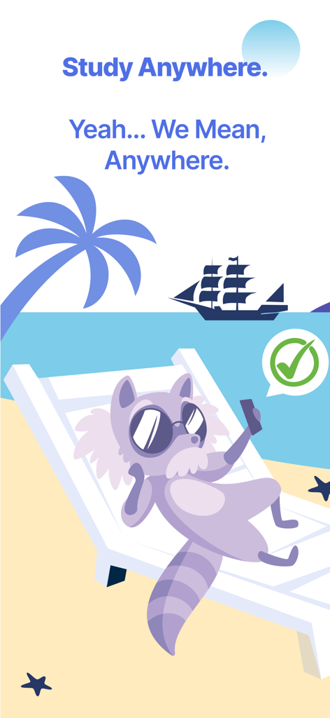 ASVAB Practice Test | 2026 - Cartoon raccoon wearing sunglasses and studying on a smartphone while lounging on a beach chair.
