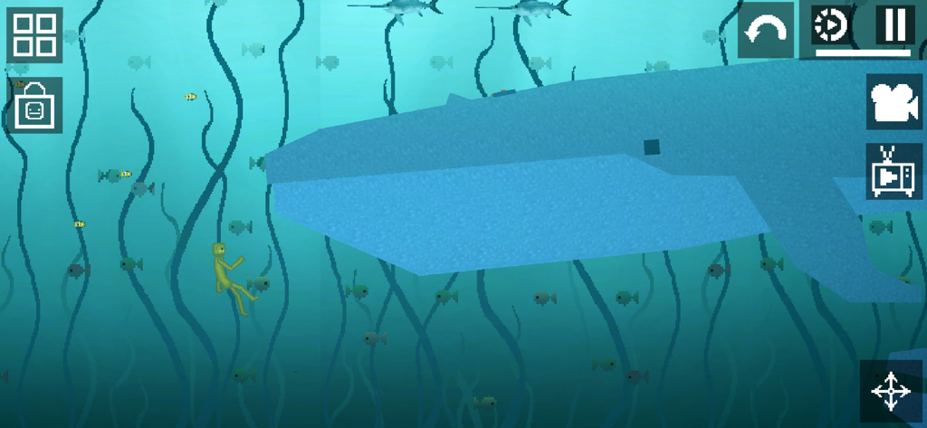 A large blue whale and a character underwater in Melon Sandbox