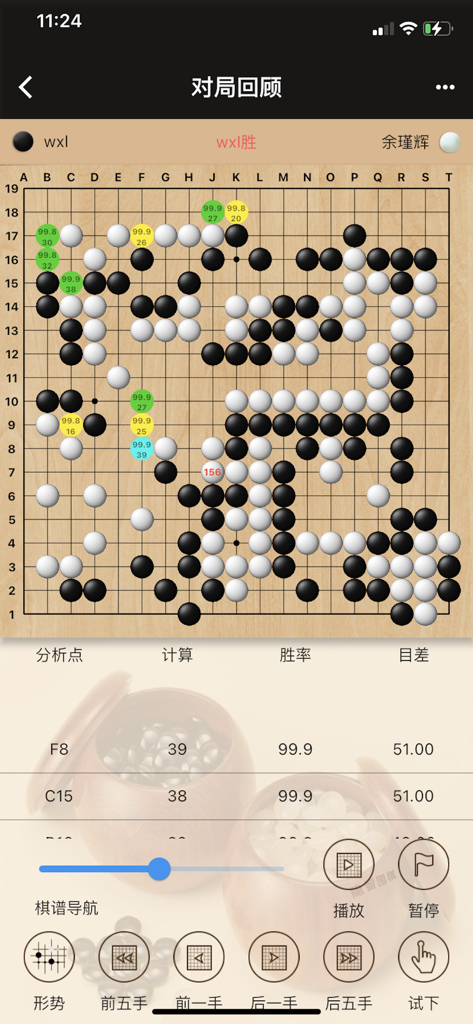 A screenshot of the Yinzhi Weiqi mobile app showing a Go match review screen with KataGo AI analysis, win rate percentages, and move navigation controls.