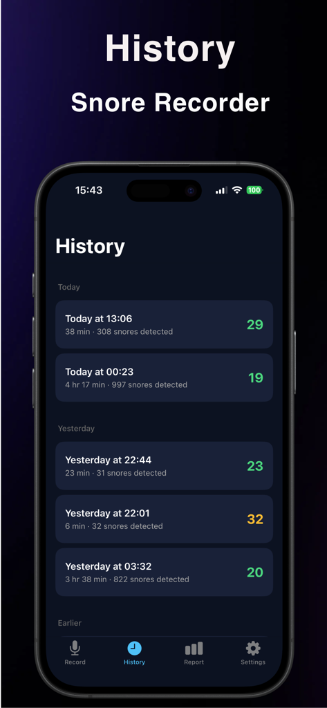 SnoreTracker:Snoring Recorder - Screenshot of the SnoreTracker app showing a chronological history of recorded sleep sessions and snore detection counts
