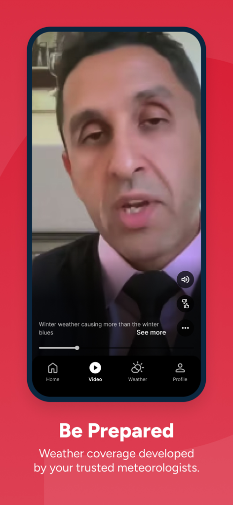 WQAD News 8 app video player showing a weather report by a local meteorologist