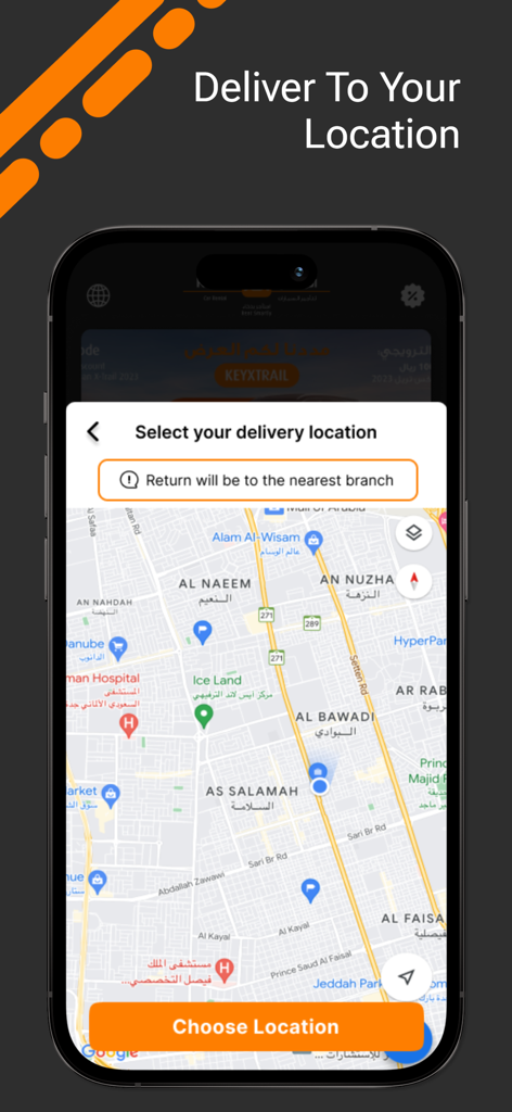 Key Car Rental app map screen for selecting vehicle delivery location