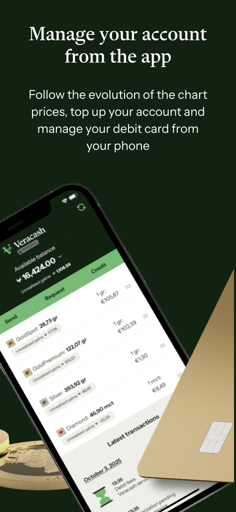 Veracash - Interface de l'application mobile VeraCash montrant le portefeuille d'investissement en or et argent avec une carte de débit