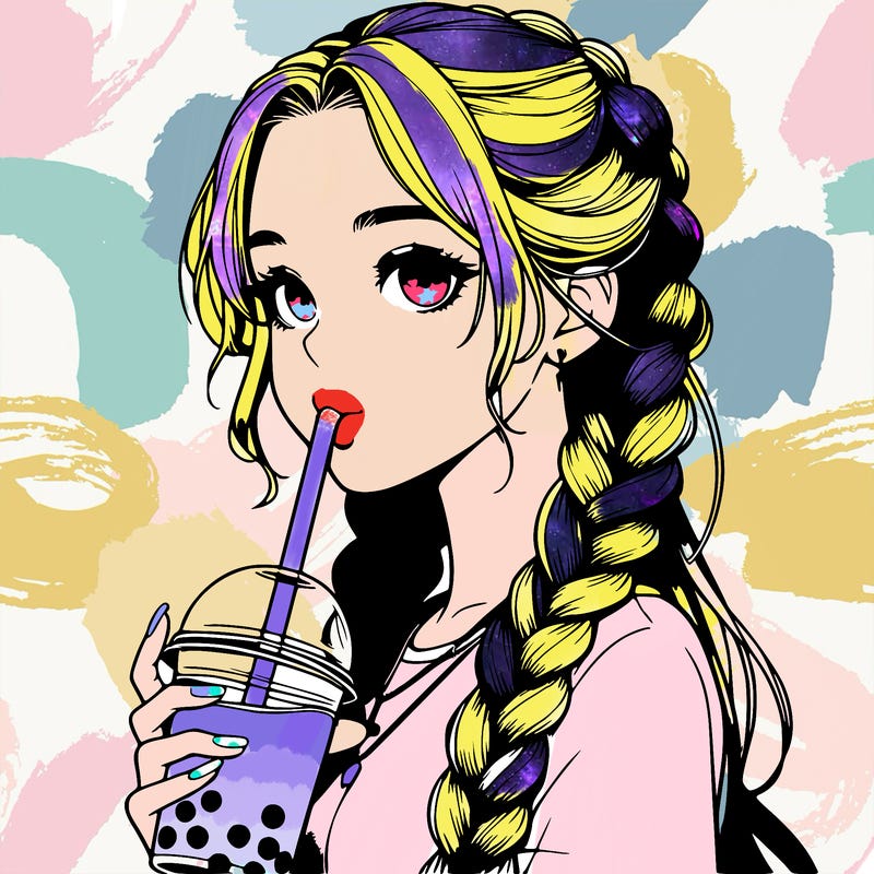realistic girl with braided hair drinking boba