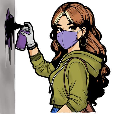 realistic girl with mask spray painting a wall