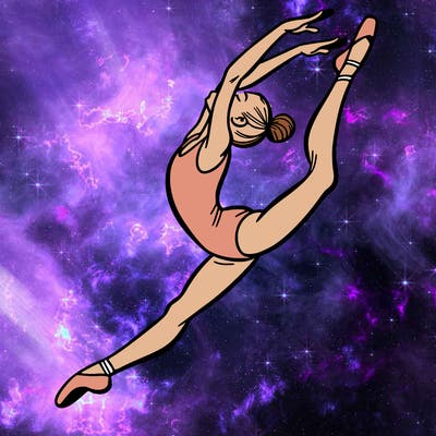 gymnast doing a leap in a leotard with a bent back leg