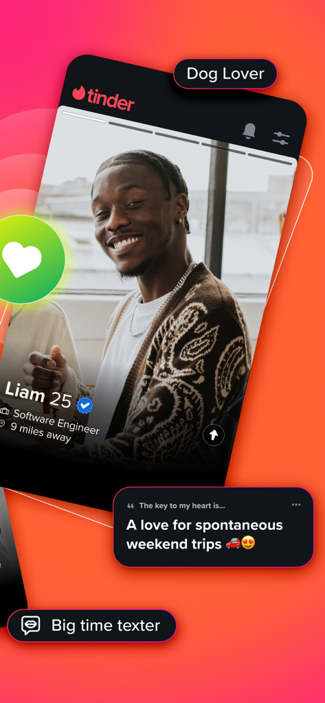 Screenshot of a Tinder dating profile for a young man featuring interests and personality prompts.