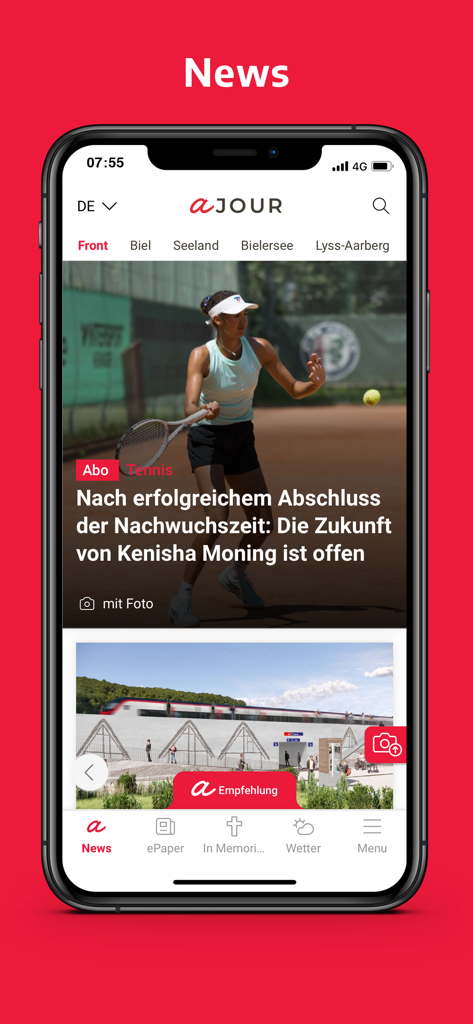 ajour - Ajour mobile app interface displaying local Swiss news and regional category tabs on an iPhone