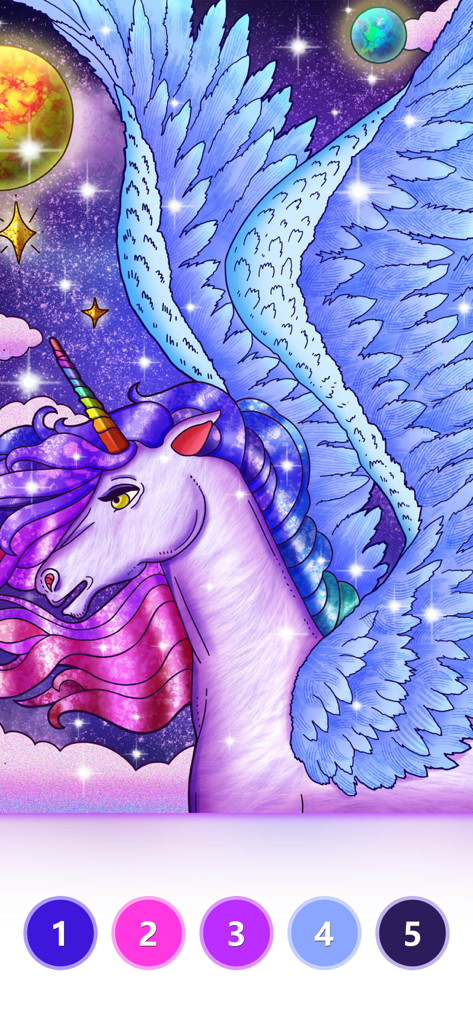 Tap Colorアプリの数字で色塗り、紫色の翼を持つユニコーンのイラスト