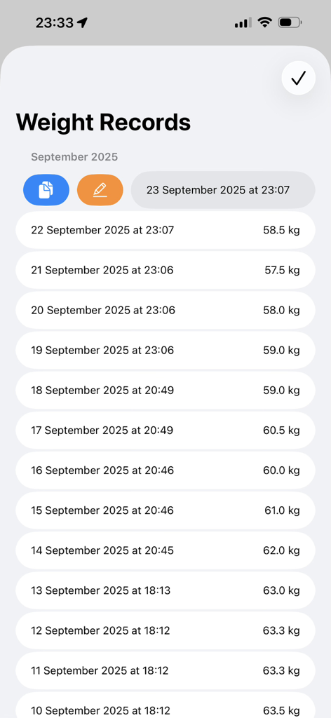 A chronological list of daily weight entries showing weights in kilograms and the corresponding dates and times