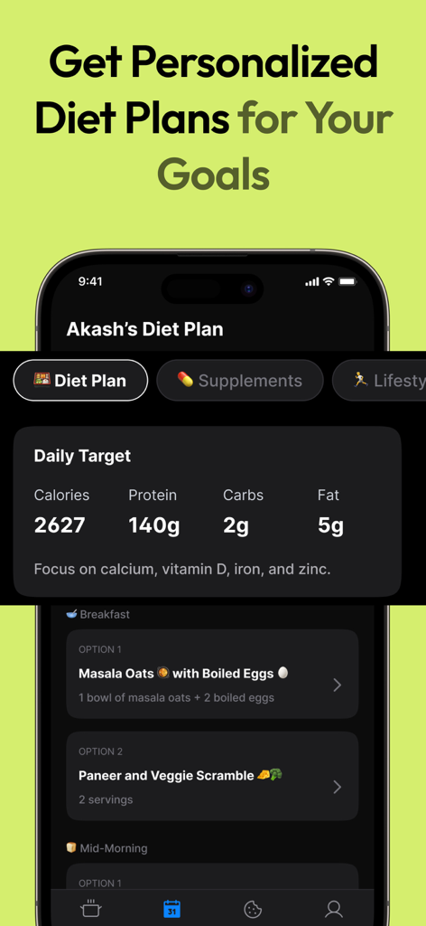 NutriScan: Calorie & Diet Plan - NutriScanアプリの画面。カロリーとマクロの毎日のターゲットと朝食の食事オプションが表示されます。
