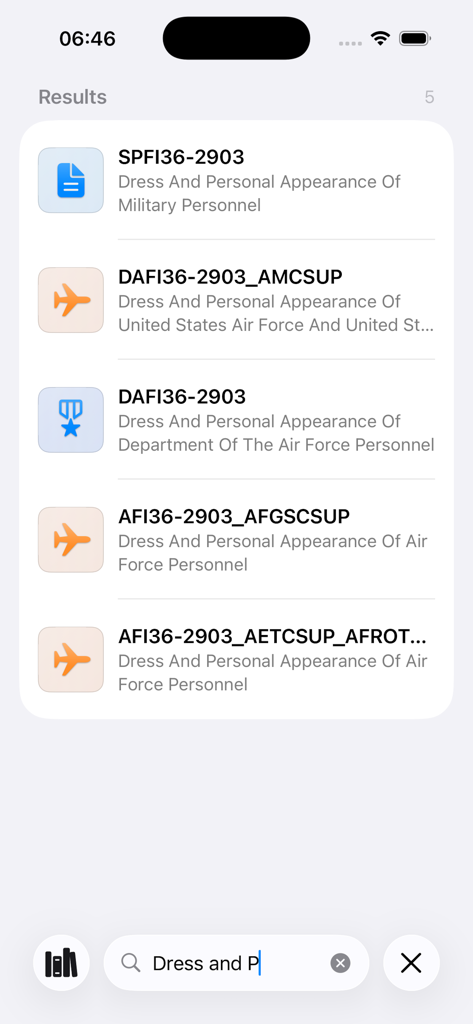 Search results in the AFI Explorer app for Dress and Personal Appearance publications