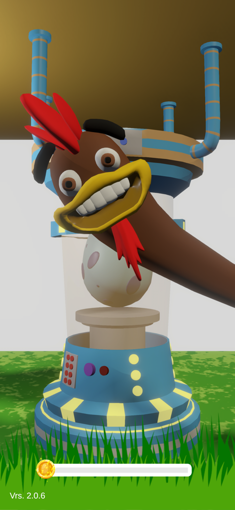 Crack Egg: Tap & Hatch Fun - A cartoon chicken with a wide grin looking at a spotted egg inside a futuristic hatching machine