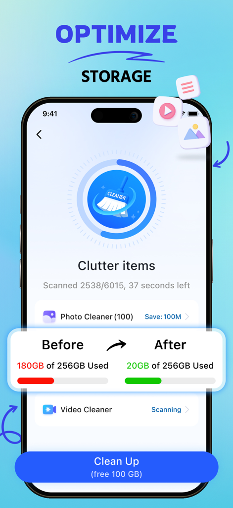 Phone Cleaner: AI Clean Up - Interfaz de la aplicación Phone Cleaner AI que muestra el progreso de limpieza del almacenamiento y la comparación antes y después