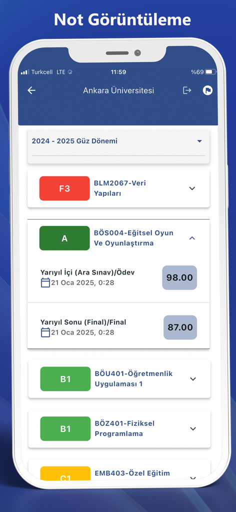 Ankara University mobile app interface showing student academic grades for various courses during the 2024-2025 semester