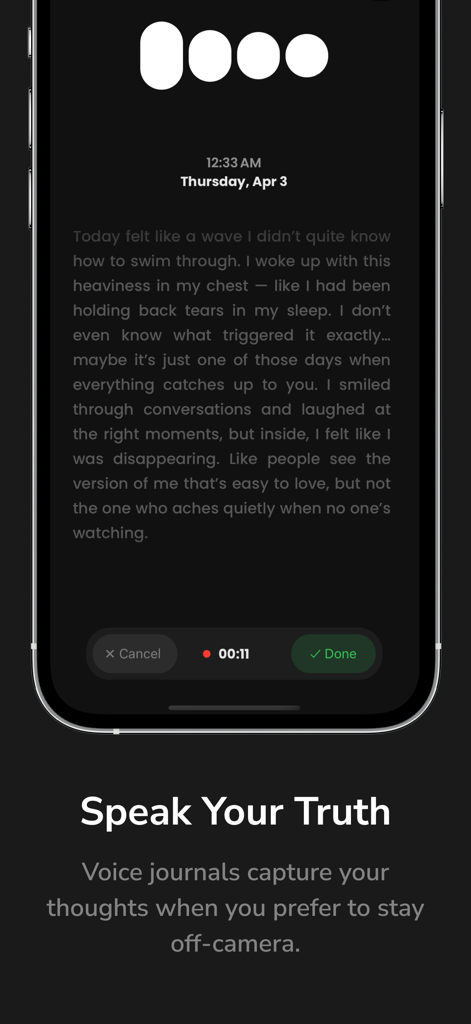 Verbo: Video Journal & Diary - 녹화된 감정적 성찰이 포함된 비공개 음성 일기 항목을 기록하기 위한 Verbo 앱 인터페이스를 보여주는 스마트폰 화면