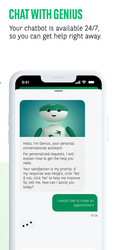 BGL BNP Paribas Web Banking-App-Oberfläche mit dem Genius KI-Chatbot-Assistenten für Hilfe rund um die Uhr