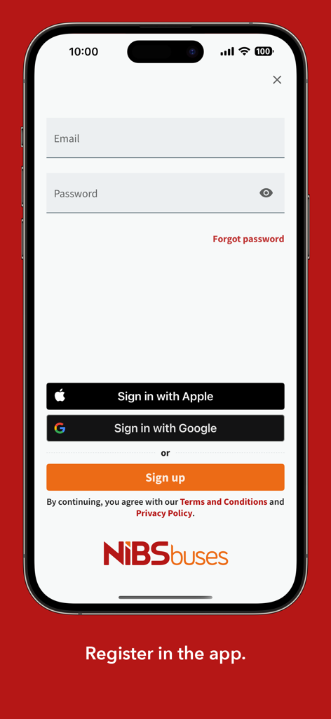 NIBS Buses - The registration screen of the NIBS Buses app showing email signup and social login options for Apple and Google.