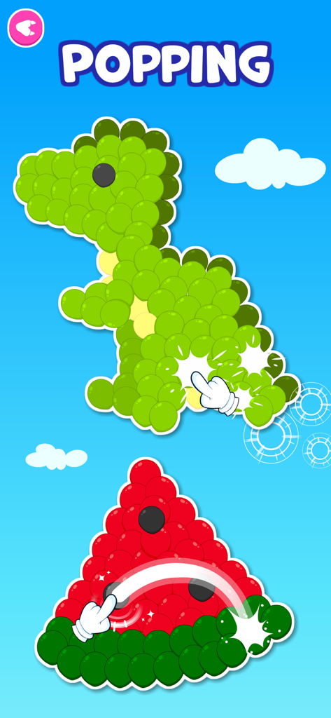 Toddler Games for 3 Year Olds• - Educational toddler game screen featuring a popping activity with a green dinosaur and a watermelon slice