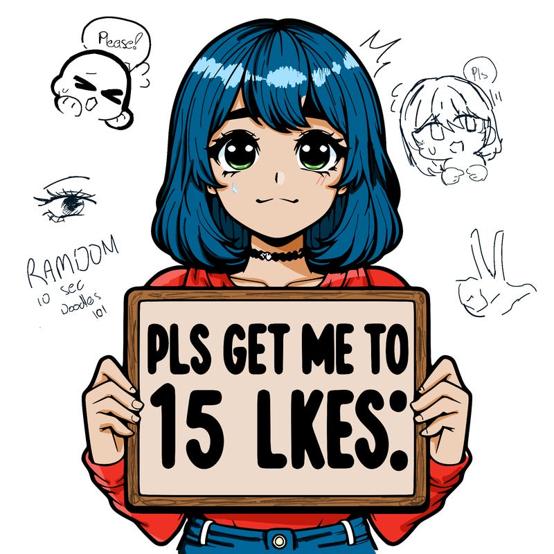 realistic girl holding up a sign that says “pls get me to 15 likes!”
