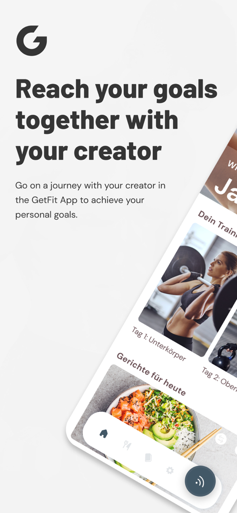 GetFit Training App - Marketing screen for GetFit app showcasing creator led fitness and nutrition goals
