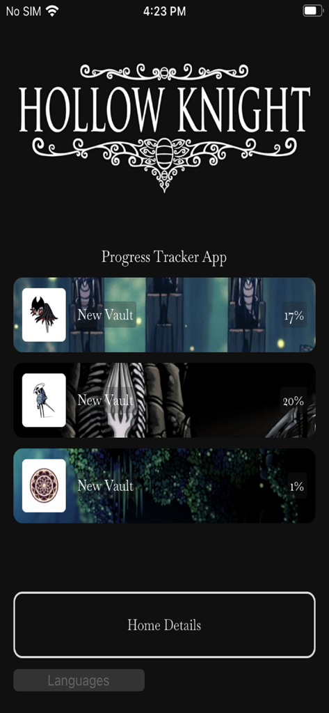 Hollow Knight Progress Guide - Main screen of the Hollow Knight Progress Guide app showing game progress vaults and completion percentages.
