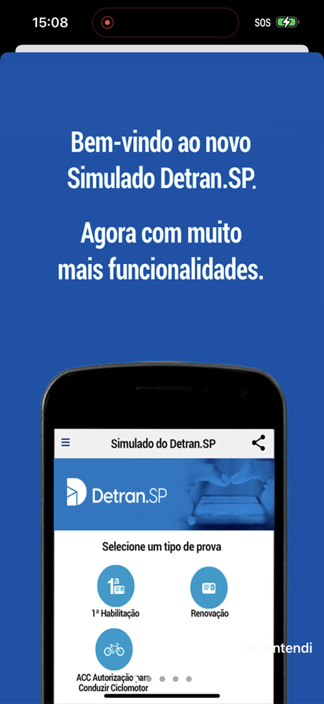 Simulado Detran.SP - Simulado Detran.SP app welcome screen showing test options for first license and renewal