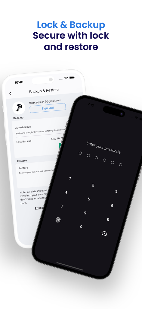 Interfaz de la aplicación EzDebt Book que muestra la configuración de bloqueo de código de acceso de seguridad y restauración de copia de seguridad