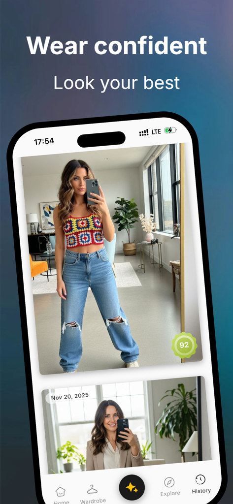 Interface do aplicativo DresMate mostrando uma mulher em um top de crochê e jeans com uma pontuação de estilo de 92.