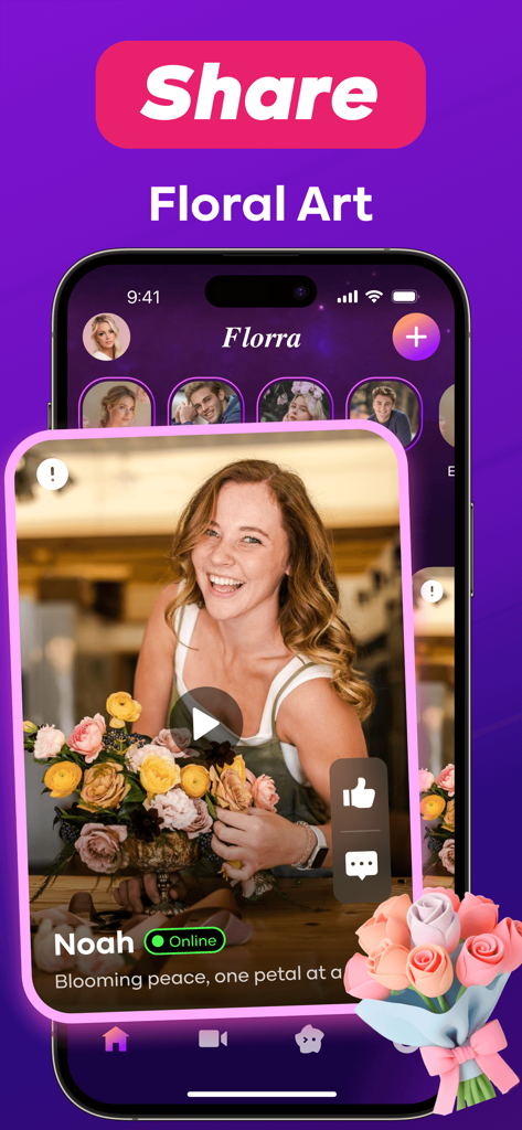 Florra：Video，Chat Fun - Florra 앱의 모바일 화면으로, 사용자가 커뮤니티에 꽃 배열 영상을 공유하는 모습.