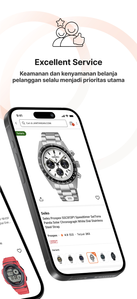 Jamtangan.comのSeiko Prospex時計を表示するモバイルアプリのスクリーンショット。優れたサービスに関するメッセージが表示されています。