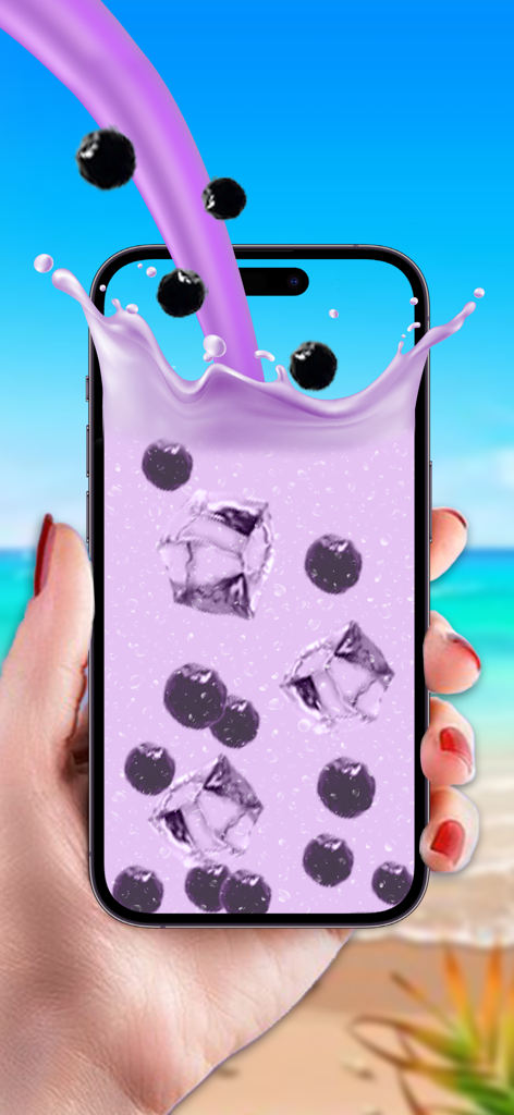 Boba Tea DIY: Tasty Recipe - A hand holding a smartphone showing a purple boba tea simulation with milk tea and pearls being poured into a glass with ice cubes.