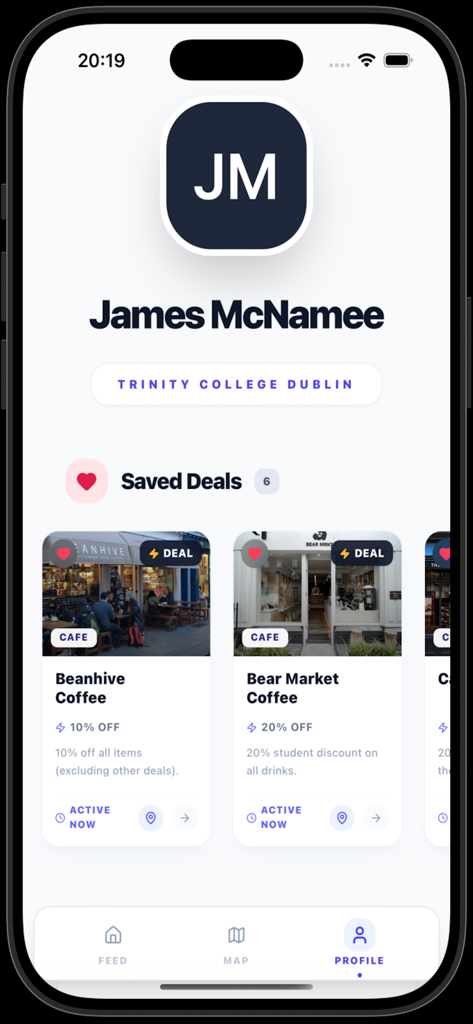 Student City - Écran de profil utilisateur sur l'application Student City montrant les réductions étudiantes sauvegardées pour les cafés locaux de Dublin.