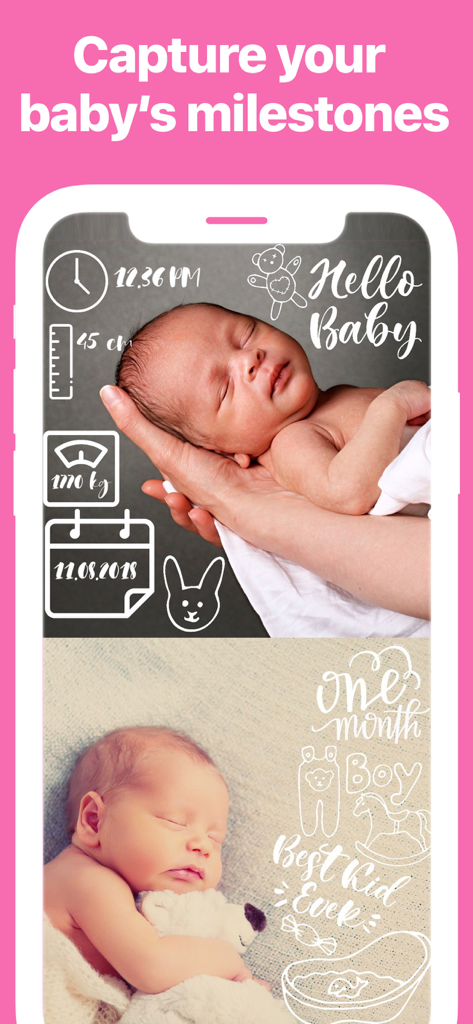 Newborn baby photos with digital milestone stickers and artwork overlays