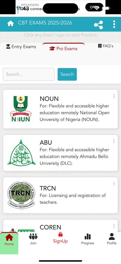 Una pantalla de aplicación móvil que enumera categorías de exámenes profesionales nigerianos que incluyen NOUN, ABU y TRCN.