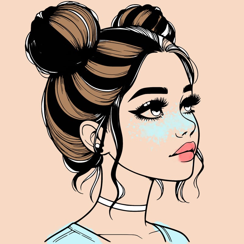 realistic girl with buns on the top of her head