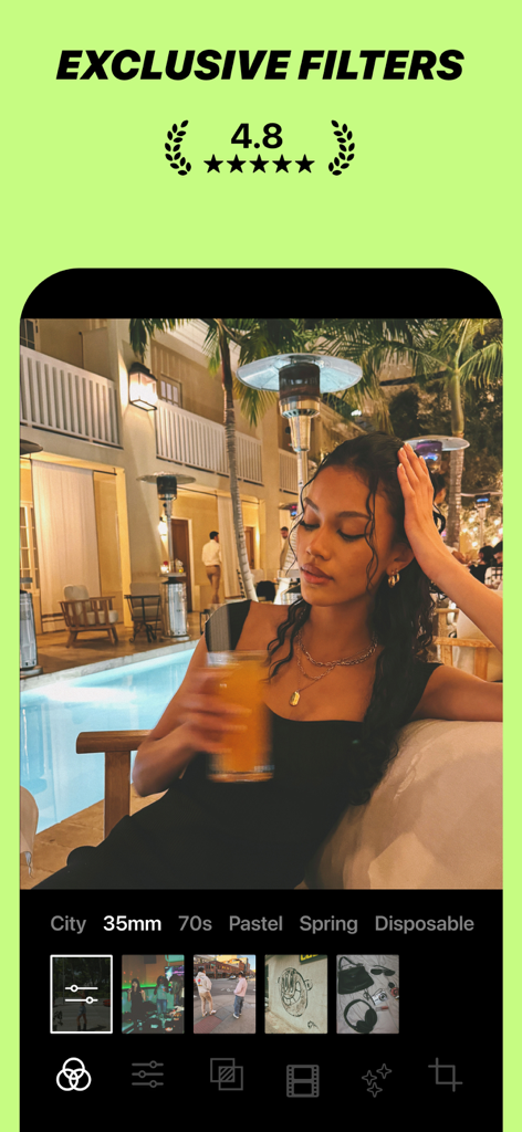 ISM app interface showing a 35mm film filter applied to a nighttime poolside photo of a woman
