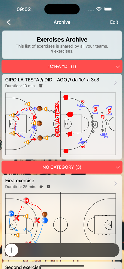 Basketball exercise archive showing tactical drill diagrams and practice plans
