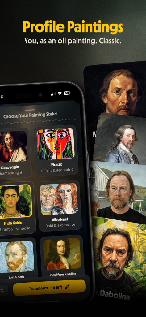 History Trivia Game: Krono - Interface of Krono trivia app displaying options to transform profile pictures into historical oil painting styles like Picasso and Van Gogh