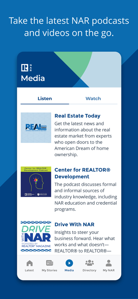 A tela Mídia do aplicativo NAR Mobile exibindo uma lista de podcasts imobiliários para REALTORS.