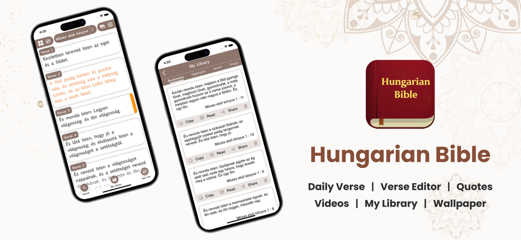 Hungarian Bible app interface on smartphones showing scriptures and religious features