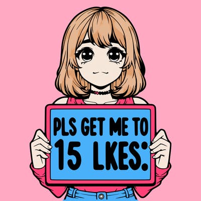 realistic girl holding up a sign that says “pls get me to 15 likes!”