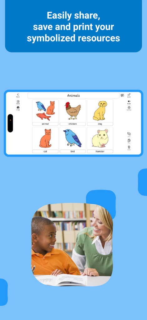 Twinkl Symbols AAC System - Interface de l'application AAC Twinkl Symbols affichant des symboles de communication d'animaux et des options pour partager et imprimer.