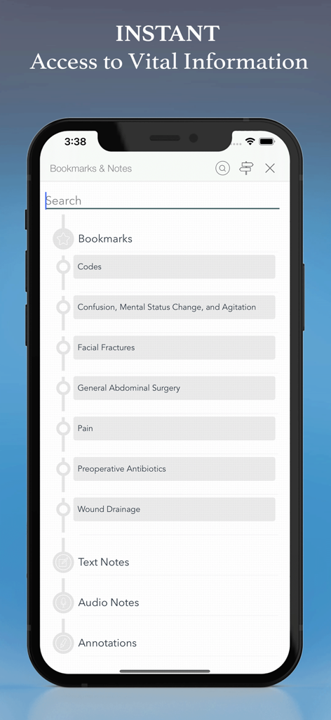 Washington Manual - Surgery - Una pantalla móvil de la aplicación Washington Manual Surgery que muestra la interfaz de marcadores y notas con temas quirúrgicos y herramientas de anotación.