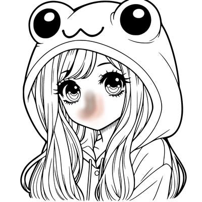 a pretty girl wearing a frog hoodie portrait with long hair
